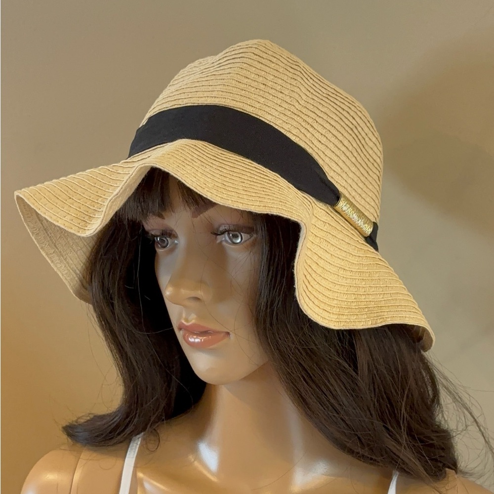 ONYX Tan Straw Sun Hat with Black Ribbon Band